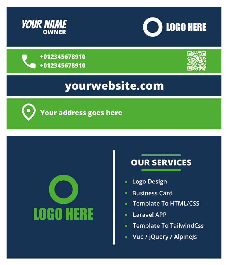 This business card features a sleek and professional vector design. The front side includes essential contact information such as telephone number, website, location, and a QR code for quick access to your digital presence. The back side showcases a comprehensive list of services offered, ensuring potential clients have all the information they need at a glance.