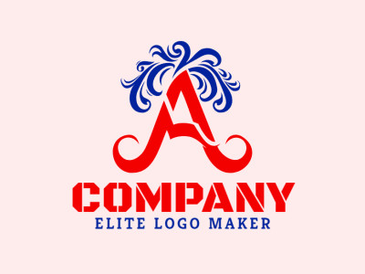 Um logotipo versátil e cuidadosamente elaborado com a forma de uma letra "A" combinado com ornamentos, com um estilo abstrato; as cores escolhidas é vermelho e azul escuro.