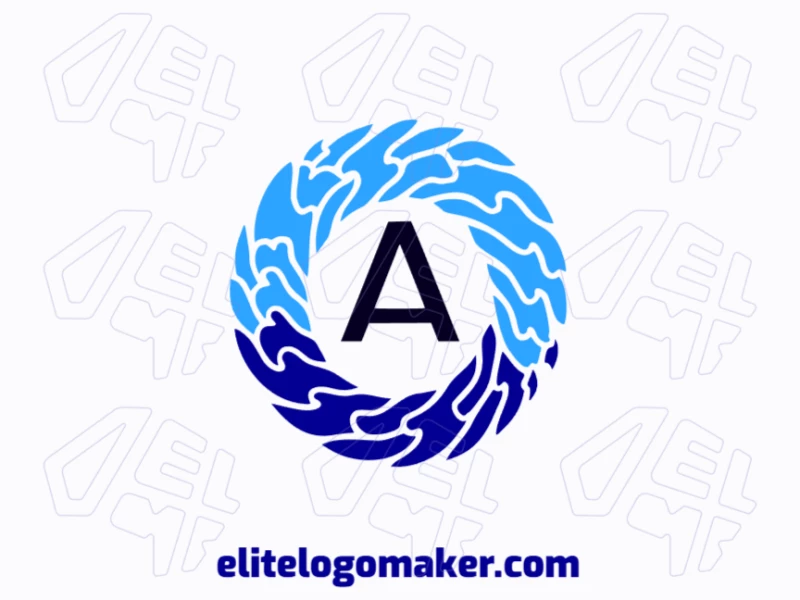 Diseño circular que fusiona 'A' y olas, representando unidad y fluidez, en tonos de azul y azul oscuro.