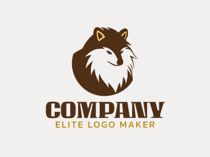 Modelo de logotipo animal com formas criativas formando um cachorro abstrato com design profissional e com as cores marrom e amarelo escuro.