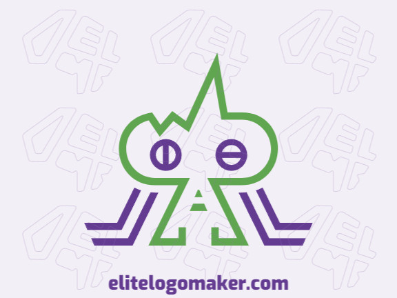 Logotipo customizável com a forma de um alienígena composto por um estilo monoline e cores verde e roxo.