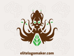 Elegant logo with abstract shapes forming an alien combined with a leaf with symmetry design with brown and green colors.