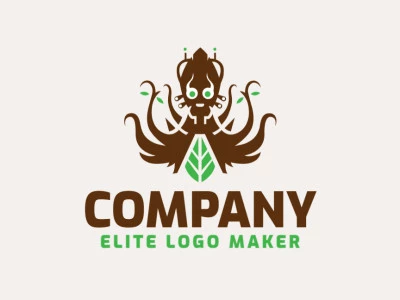 Elegant logo with abstract shapes forming an alien combined with a leaf with symmetry design with brown and green colors.