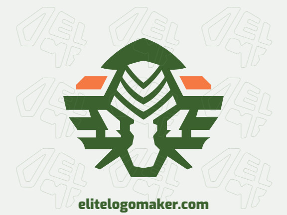 Logotipo simétrico criado com formas abstratas formando um alienígena com as cores verde e laranja.