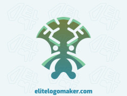 Stylized logo in the shape of an alien composed of abstracts shapes with green and blue colors.