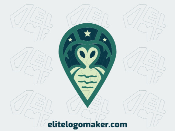 Logotipo simples e profissional com a forma de um alienígena combinado com um ícone de localização com estilo abstrato, as cores utilizadas foi verde e bege.