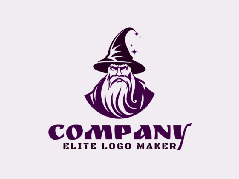 Crie um logotipo vetorizado apresentando um design contemporâneo de um bruxo bravo e estilo simples, com um toque de sofisticação e cor roxo.