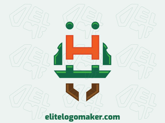 Logotipo criativo com a forma de uma formiga com design memorável e estilo criativo, as cores utilizadas são: verde, marrom, e laranja.