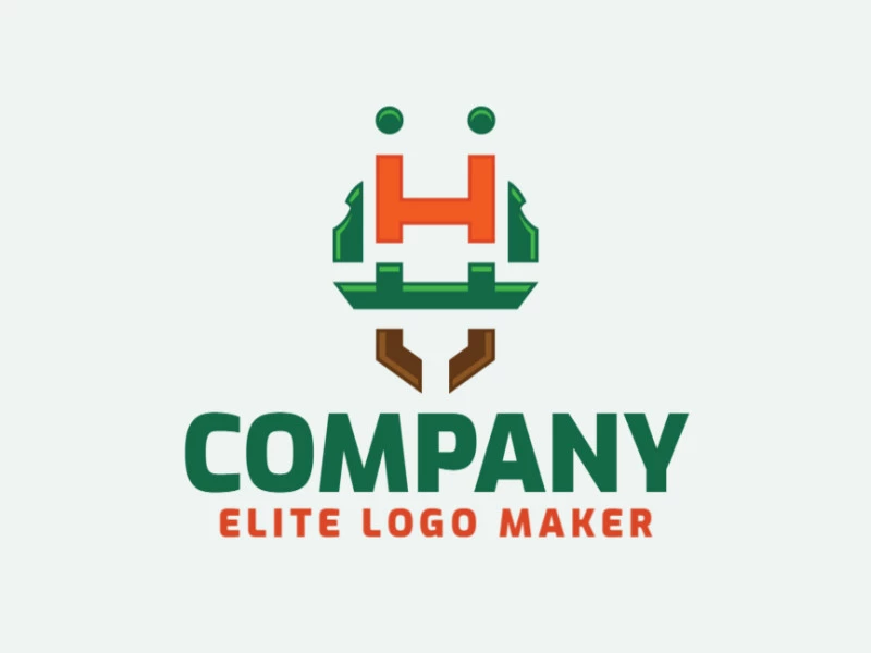 Logotipo creativo en forma de una hormiga con un diseño memorable y un estilo creativo, los colores utilizados son verde, marrón, y naranja.