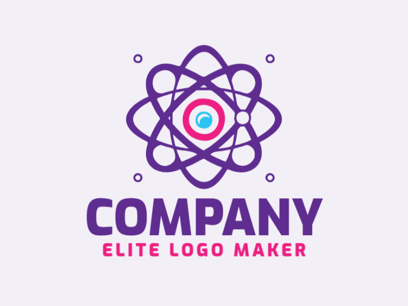 Logotipo profissional com a forma de um átomo com estilo abstrato, as cores utilizadas foram: azul, roxo, e rosa.