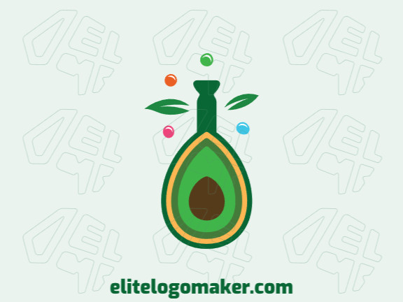 Professional logo in the shape of an avocado combined with a flask with an abstract style, the colors used was green, blue, orange, and yellow.