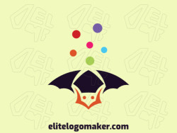 Simple logo in the shape of a bat combined with circles composed of abstract elements with green, pink, purple, red, and blue colors.