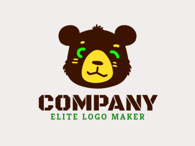 A handcrafted logo featuring a bear head, creatively styled with intricate details and highlighted in green, brown, and yellow.