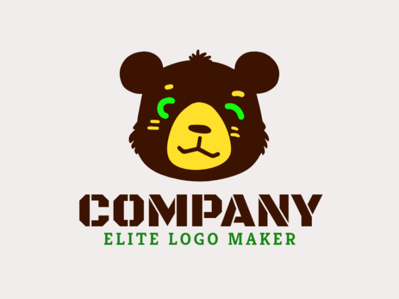 Un logotipo artesanal con una cabeza de oso, estilizado de manera creativa con detalles intrincados y destacado en verde, marrón y amarillo.