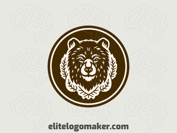 Circular logo with solid shapes forming an bear combined with leaves with a refined design with brown and beige colors.