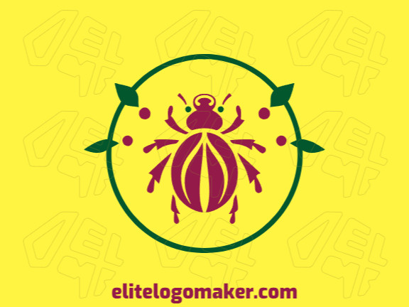 Create your own logo in the shape of a beetle with a circular style with dark red and dark green colors.