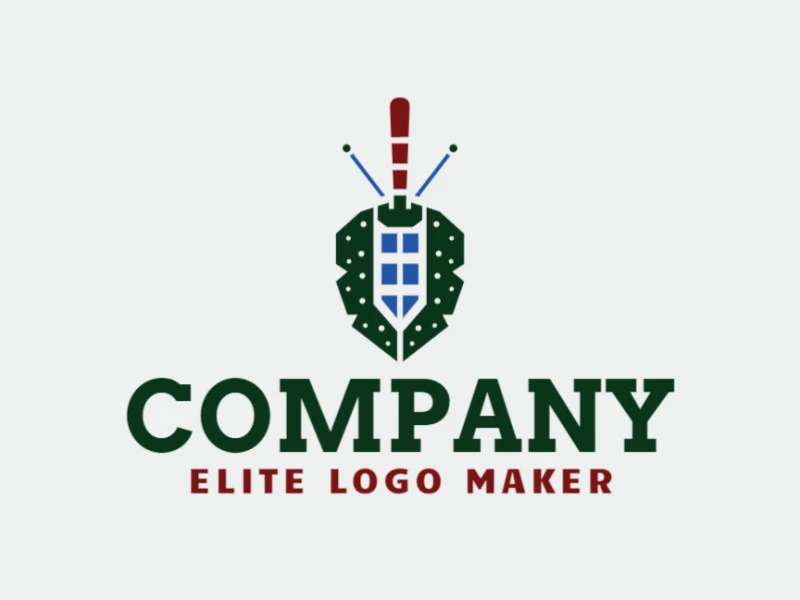 Logotipo criativo com a forma de um besouro mesclado com uma espada com design memorável e estilo abstrato, as cores utilizado foram azul, marrom, e verde.