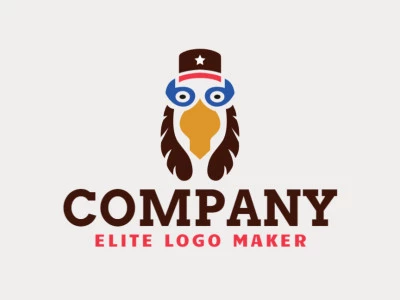 Logotipo personalizable en forma de un pájaro combinado con un sombrero compuesto por un estilo abstracto y colores azul, marrón, y naranja.