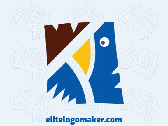 Logotipo criativo com a forma de um pássaro com design memorável e estilo abstrato, as cores utilizadas são: azul, marrom, e amarelo.