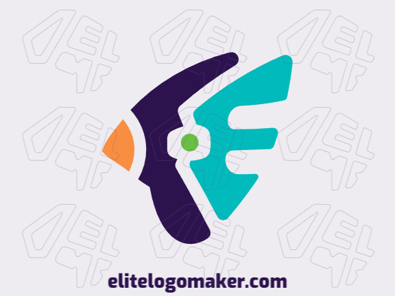 Logotipo simples composto por formas abstratas, formando um pássaro combinado com uma letra "E" com as cores verde, azul, e laranja.