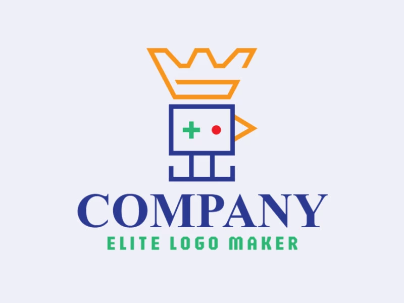 Creative logo with minimalist design forming a bird combined with a crown with red, yellow, blue, and green colors.