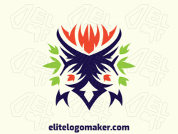 Logotipo simétrico criado com formas abstratas, formando um pássaro combinado com folhas, com as cores verde, azul, e laranja.