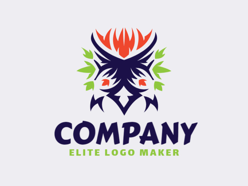 Symmetric logo created with abstract shapes, forming a bird combined with leaves, with green, blue, and orange colors.