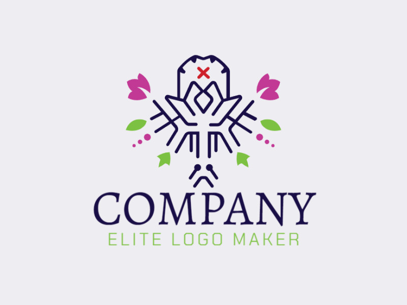 Logotipo abstrato criado com formas abstratas formando um pássaro combinado com folhas, com as cores verde, azul, e rosa.