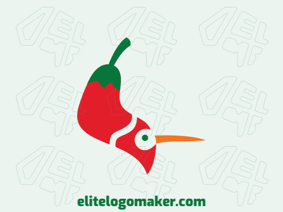 Logotipo criativo com a forma de um pássaro combinado com uma pimenta com design memorável e estilo infantil, as cores utilizadas são: verde, laranja, e vermelho.