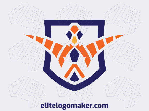 Create a logo for your company in the shape of a bird combined with a shield with a symmetric style with blue and orange colors.