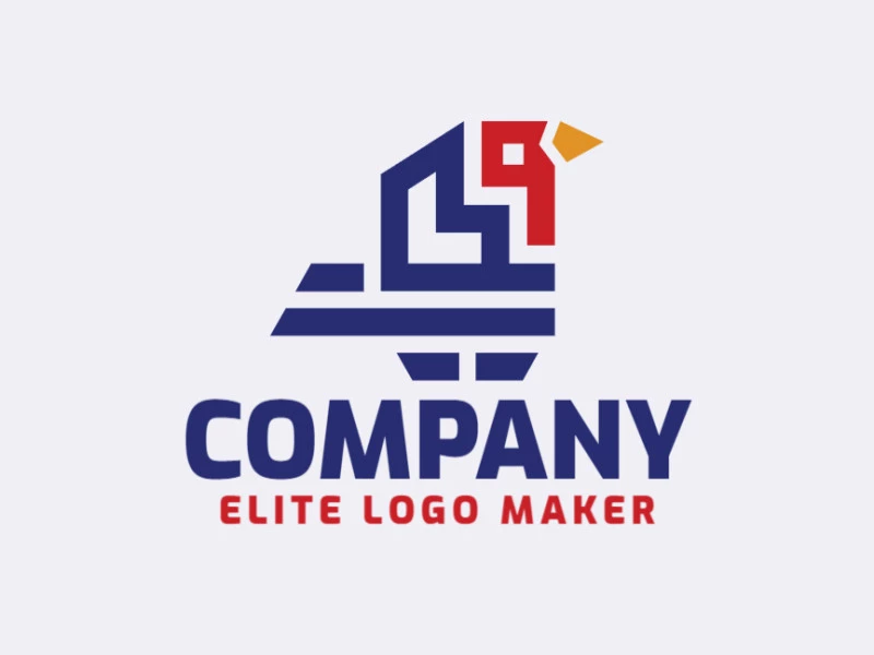 Logo available for sale in the shape of a birdie with simple style with blue, red, and yellow colors.