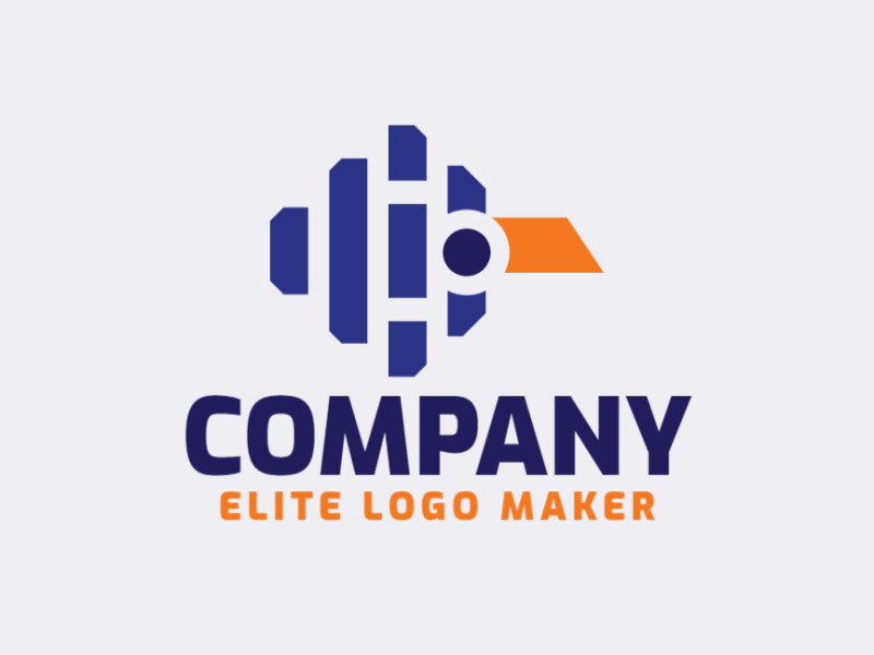 Logotipo simples criado com formas abstratas, formando um passarinho com as cores azul e laranja.