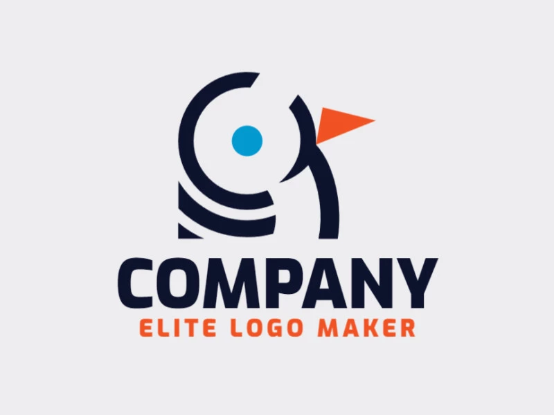 Logotipo simple con formas sólidas, que forman un pajarito con un diseño refinado y colores azul, naranja, y negro.