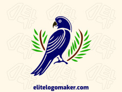 Template logo in the shape of a blue macaw combined with leaves with abstract design with green, blue, and brown colors.