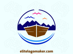 Vector logo in the shape of a boat combined with a mountain with a minimalist design with brown and dark blue colors.