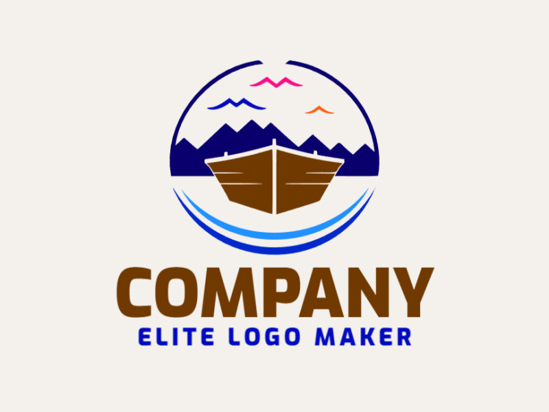 Logotipo vetorial com a forma de um barco combinado com uma montanha com design minimalista e com as cores marrom e azul escuro.