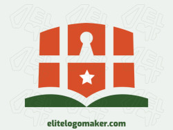 Abstract logo with solid shapes forming a book combined with a shield, with a refined design with green and red colors.