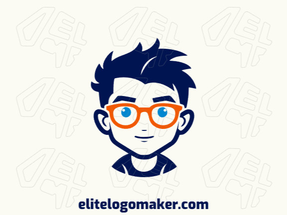 Um logotipo lúdico e infantil que apresenta um menino com óculos em uma combinação vibrante de laranja e azul escuro, cheio de charme juvenil.