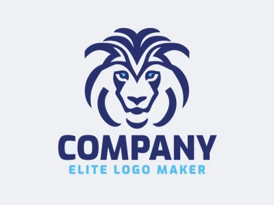 Um logotipo mascote audacioso com uma cabeça de leão corajoso, simbolizando bravura e liderança, em tons profundos de azul.