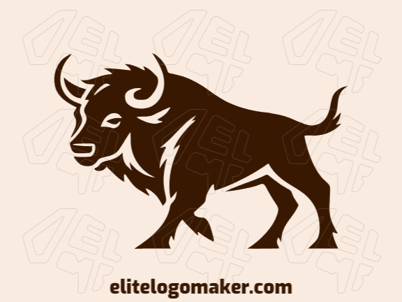 Logotipo criativo com a forma de um búfalo com design abstrato e cor marrom escuro.