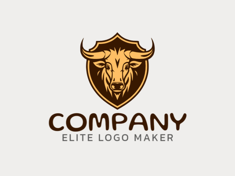 Logotipo criativo com a forma de um touro com design memorável e estilo emblema, as cores utilizadas é amarelo escuro e marrom escuro.