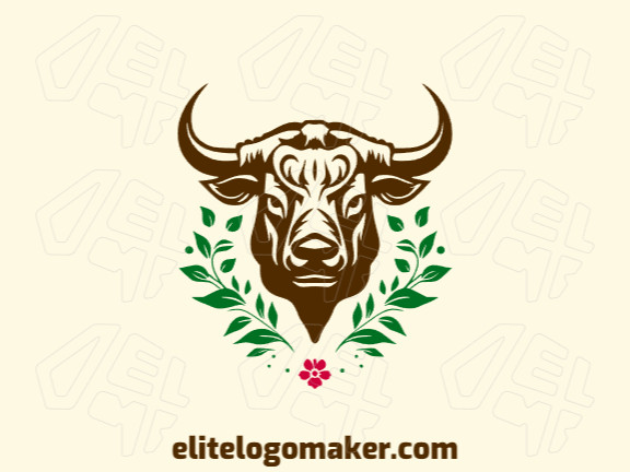 Logo template for sale in the shape of a bull combined with a flower and leaves, the colors used was green, brown, and pink.