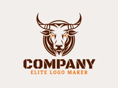 Logo is available for sale in the shape of a bull head with a symmetric style with orange and dark brown colors.