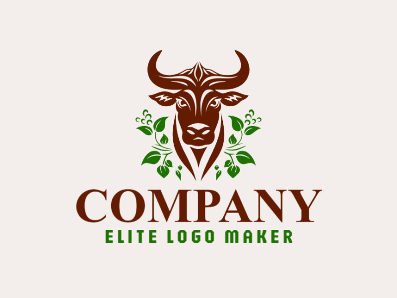 Logotipo criativo com a forma de um touro combinado com folhas, com design memorável e estilo ilustrativo, as cores utilizadas é verde e marrom.