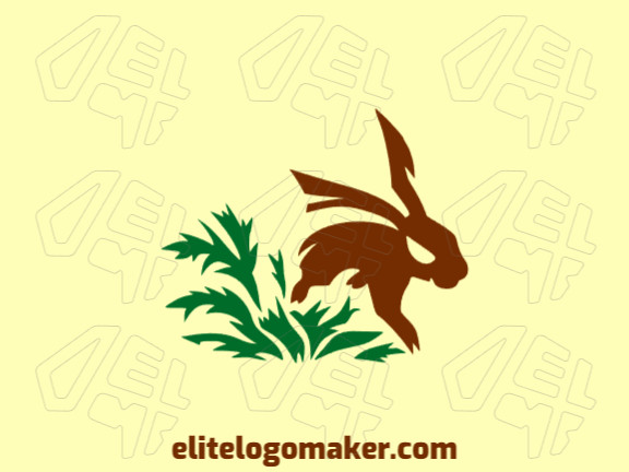 Logotipo customizável com a forma de um coelho pulando com estilo criativo, as cores utilizadas foi verde e marrom.