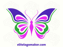 A logo is available for sale in the shape of a butterfly with a creative design with green, pink, and dark blue colors.