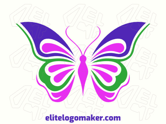 Logotipo disponível para venda com a forma de uma borboleta com design criativo e com as cores verde, rosa, e azul escuro.