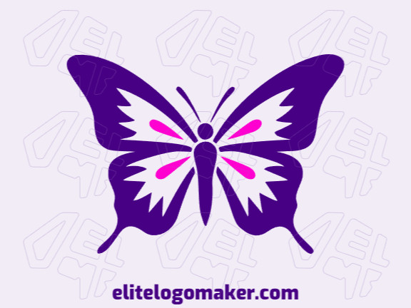 Logotipo simétrico criado com formas abstratas formando uma borboleta com as cores roxo e rosa.