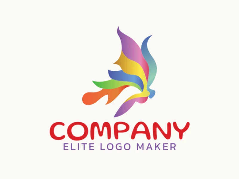 Abstract logo design with the shape of a butterfly with gradient style and colors blue, yellow, purple, green, and orange.