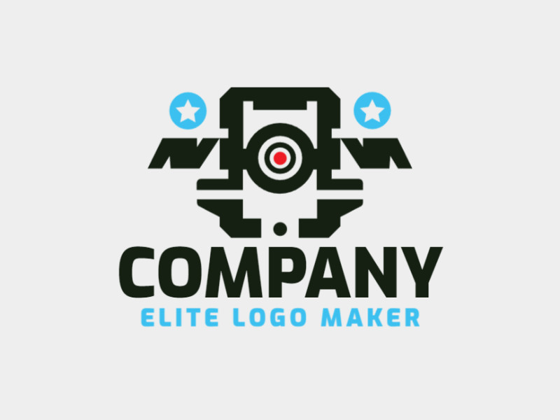 Create a vector logo for your company in the shape of a camera, with an abstract style, the colors used were blue, red, and black.